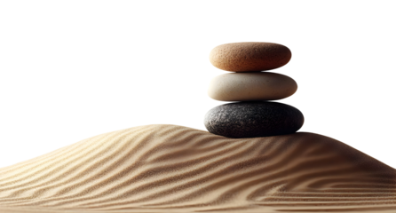 A serene stack of stones on soft sand, symbolizing tranquility, balance, and harmony in nature's beautiful landscape.