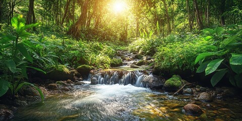 Fototapeta premium A stream flowing through a lush green forest 
