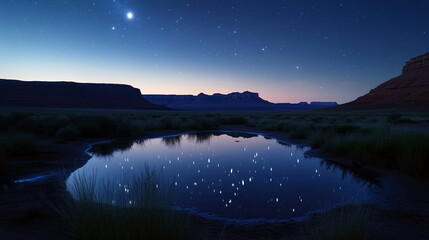 A calm night sky over a desert mesa, with the stars reflecting in a distant, shallow pool