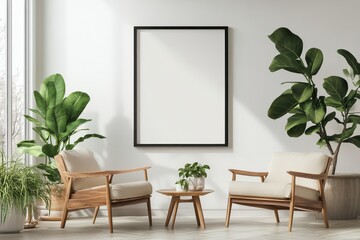 Cozy interior with two chairs, plants, and a blank frame for artwork.
