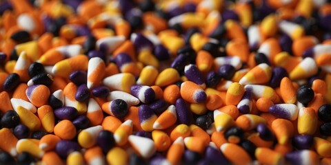 black purple and gold flying candy corn and confetti on an orange background for Halloween.