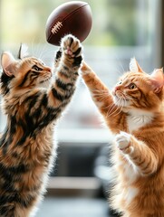Two playful cats reaching for a football in a lively indoor setting, showcasing their fun and energetic nature.