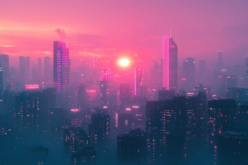 Fototapeta premium Pink Sunset Over a Futuristic Cityscape
