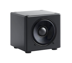 Obraz premium A sleek black subwoofer designed for deep bass sound, perfect for enhancing audio experiences in home theaters or music systems.