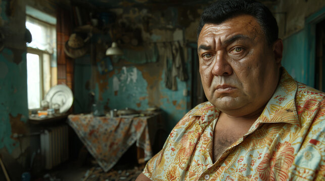 A mafioso man with a serious expression wearing a patterned shirt, set against the backdrop of a dimly lit, dilapidated kitchen, depicting a somber mood.