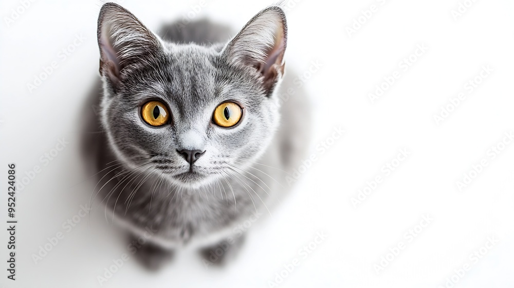 Poster a grey cat with yellow eyes is sitting on a white background the cats eyes are wide open giving it a