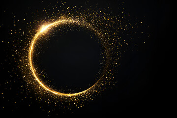 Gold glitter circle of light shine sparkles and golden spark particles in circle frame on black background. Christmas magic stars glow, firework confetti of glittery ring shimmer