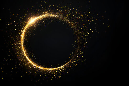 Gold glitter circle of light shine sparkles and golden spark particles in circle frame on black background. Christmas magic stars glow, firework confetti of glittery ring shimmer