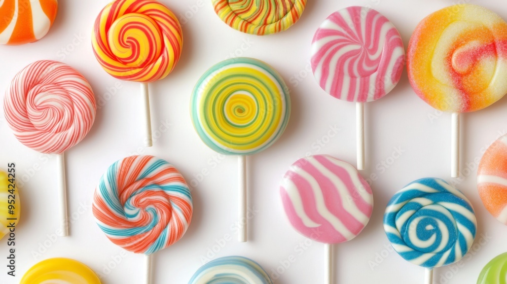 Poster A colorful array of lollipops with vibrant swirls and patterns, arranged on a white surface to showcase their bright, eye-catching designs.