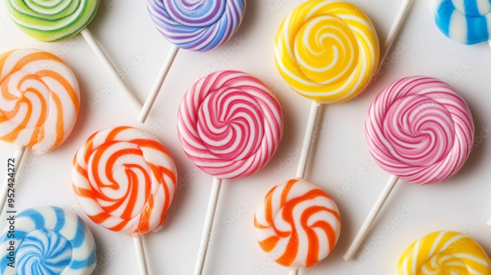 Poster A colorful array of lollipops with vibrant swirls and patterns, arranged on a white surface to showcase their bright, eye-catching designs.