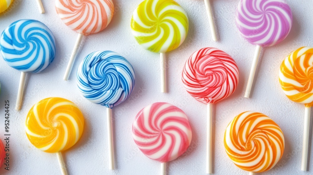 Aufkleber A colorful array of lollipops with vibrant swirls and patterns, arranged on a white surface to showcase their bright, eye-catching designs.