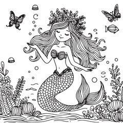  Little cute mermaid coloring page Coloring book for kids vector illustration