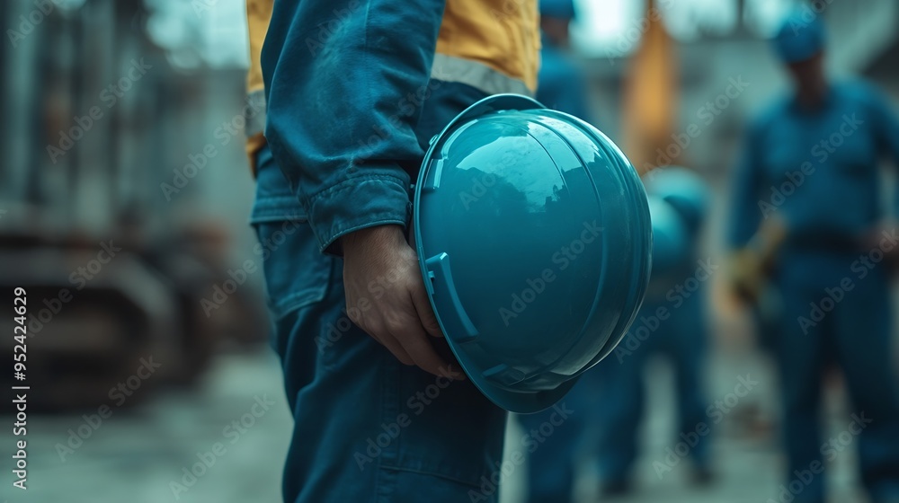 Poster Team engineer holding helmet standing in row on site work banner cover design : Generative AI