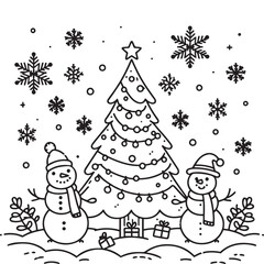 Winter country landscape in continuous line art drawing style, christmas coloring page