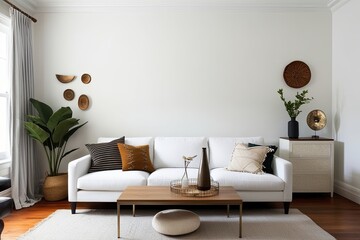 Elegant White Living Room Design with Sofa Decorative Elements and Blank Wall