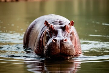 Fototapeta premium Serene African Waters with Majestic Hippopotamus Swimming Submerged