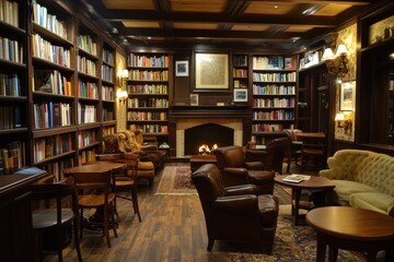 Obraz premium Cozy library with wooden shelves, comfortable seating, and a fireplace for relaxation and reading.