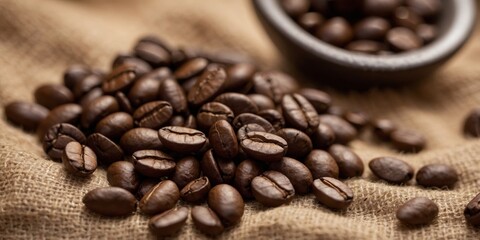 Fototapeta premium Close-up of roasted coffee beans on burlap.