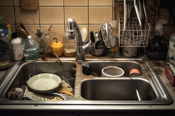 generated illustration of dirty dishes in sink