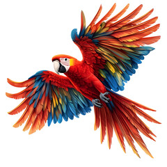 Obraz premium A vibrant scarlet macaw in flight, showcasing its stunning colors and majestic wingspan against a clear background.