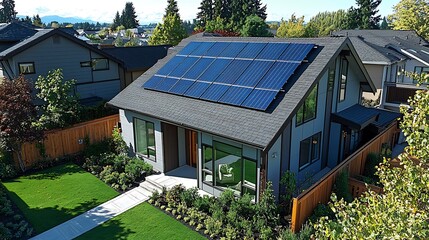 A sleek, modern home is enhanced by solar panels and lush landscaping, showcasing contemporary green living.