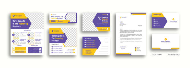 Marketing collateral set design template for digital marketing agency. Included templates are flyer, web banner, social media post, postcard, letterhead, and business card.