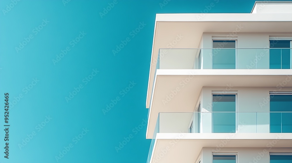 Aufkleber architectural details of a modern building balconies and windows on the background of a clear blue s