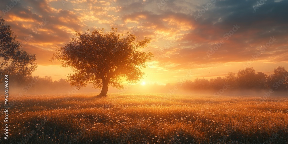 Canvas Prints a sunrise over a dewy meadow