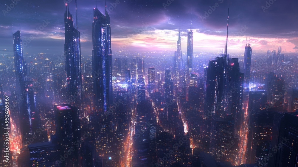 Poster a futuristic cityscape with illuminated skyscrapers and advanced technology elements integrated into