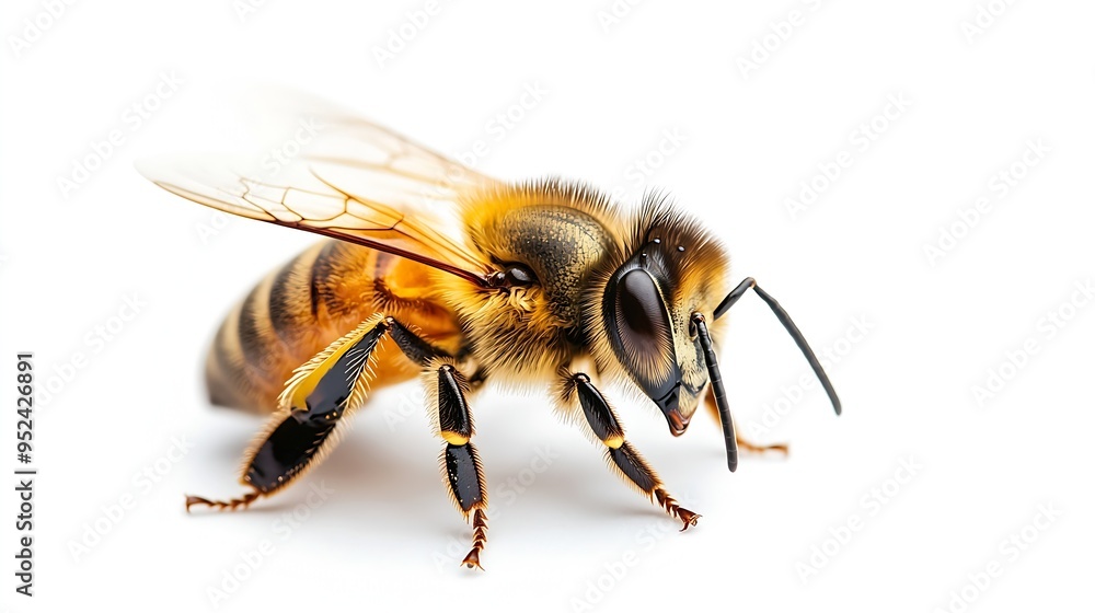 Poster detail of bee or honeybee in latin apis mellifera european or western honey bee isolated on the whit