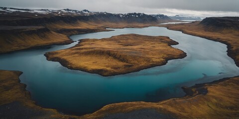 Aerial view of a moody Icelandic highland lake.