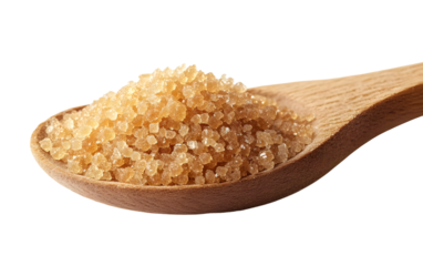 Close-up of brown sugar granules on a wooden spoon, perfect for culinary and baking concepts. Natural sweetener for various dishes.