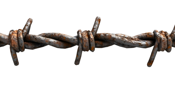 Close-up of weathered barbed wire, showcasing rust and texture, perfect for themes of division, security, or rural life.