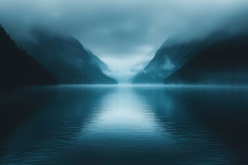 Fototapeta premium Foggy Mountain Lake with Calm Water