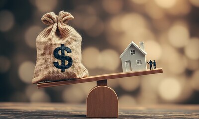 A bag of money with a dollar sign, a house silhouette with a family inside