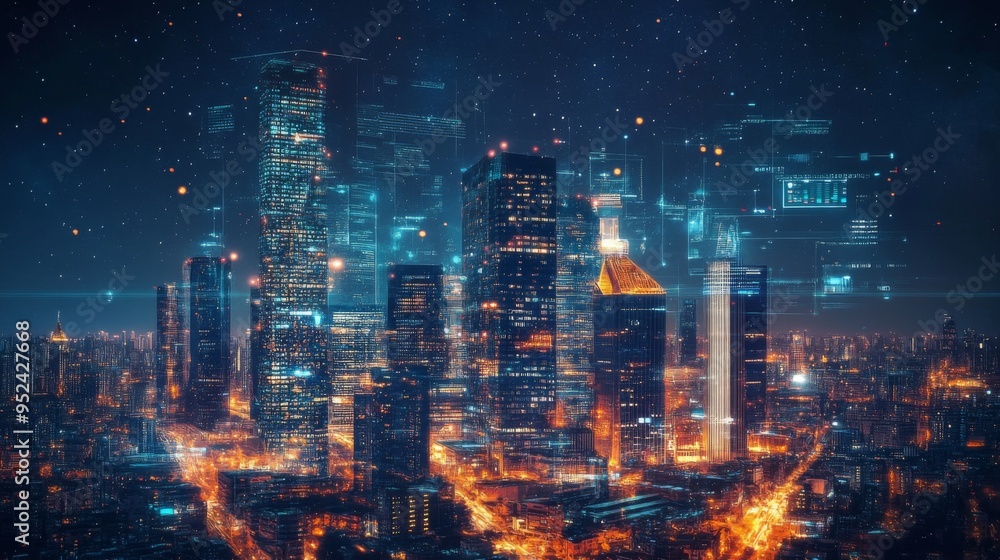 Poster a futuristic cityscape with illuminated skyscrapers and advanced technology elements integrated into
