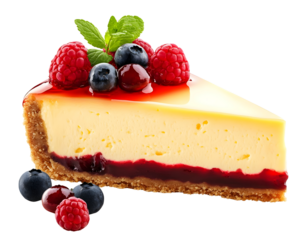 Delicious cheesecake slice topped with fresh berries and glossy raspberry sauce, perfect for dessert lovers and culinary art.