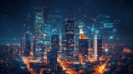 Fototapeta premium A futuristic cityscape with illuminated skyscrapers and advanced technology elements integrated into the architecture, set against a night sky