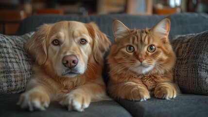 ソファーでくつろぐ猫と犬