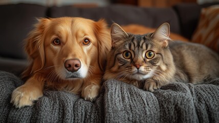 ソファーでくつろぐ猫と犬