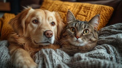 ソファーでくつろぐ猫と犬