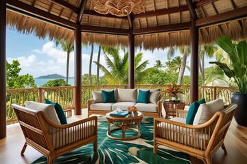 Fototapeta premium Tropical Living Room Decor Featuring Rattan Furnishings and Scenic Nature Views