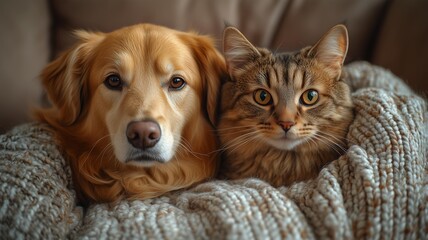 ソファーでくつろぐ猫と犬