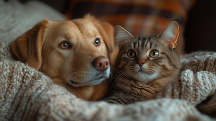 ソファーでくつろぐ猫と犬