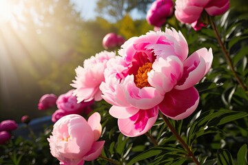 Vibrant Pink Peonies Blooming Under Bright Sunlight