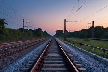 Obraz premium Tranquil Railway Journey in Evening Glow for Relaxing Travel and Scenic Exploration