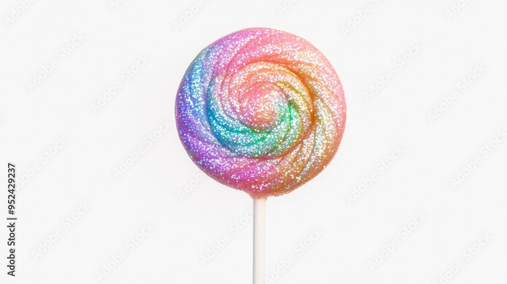 Poster A high-quality image of a lollipop with a glittery, iridescent finish, creating a magical effect and standing out against a simple white backdrop.