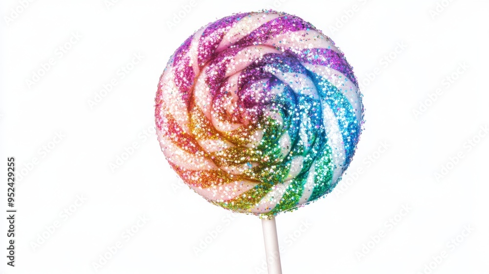 Poster A high-quality image of a lollipop with a glittery, iridescent finish, creating a magical effect and standing out against a simple white backdrop.