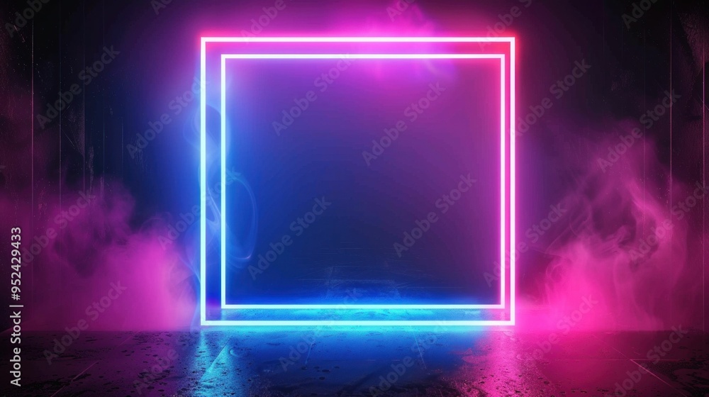 Poster neon square light frame with colorful smoke background in dark setting