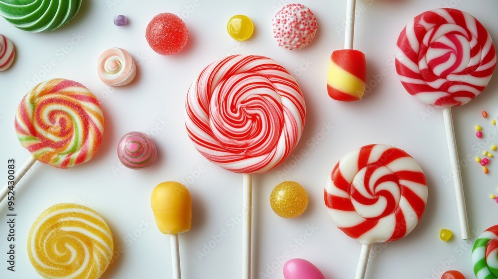 Poster a high-resolution image of multiple lollipops with different flavors and shapes, artistically scatte